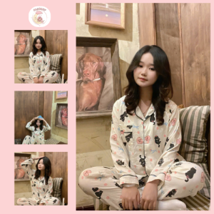 Bộ Đồ Ngủ Nữ Dài Tay Hoạ Tiết Mèo Đen Bi Hồng Dễ Thương
