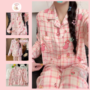 Bộ Đồ Ngủ Nữ Dài Tay Hoạ Tiết Gấu Dâu Cute