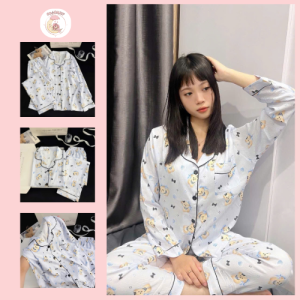 Bộ Đồ Ngủ Nữ Dài Tay Hoạ Tiết Cún Nơ Đen Xanh Cute
