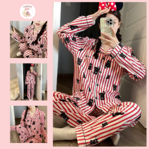 Bộ Đồ Ngủ Nữ Dài Tay Hoạ Tiết Mèo Đen Đỏ Dễ Thương