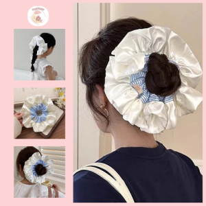 Phụ Kiện Tóc Scrunchies Xanh Trắng Lớn Puffy Cổ Điển